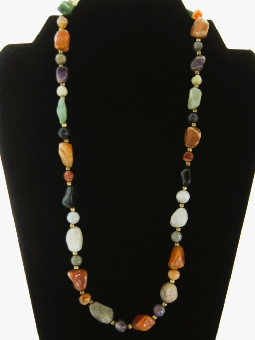 Natural Polished Agate Gemstone Multicolor Necklace- Barrel Clasp -Vintage- 24"